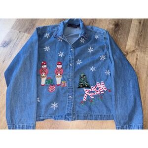 New Directions Denim Embroidered Long Sleeve Button Shirt Christmas Tree Large